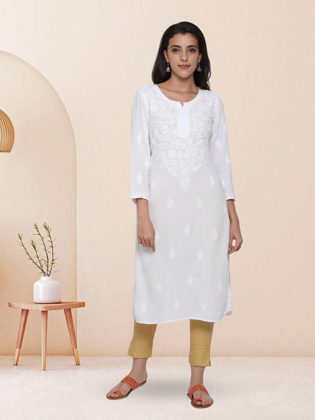Hand Embroidered Chikankari Rayon Straight Kurta-AL3451 White