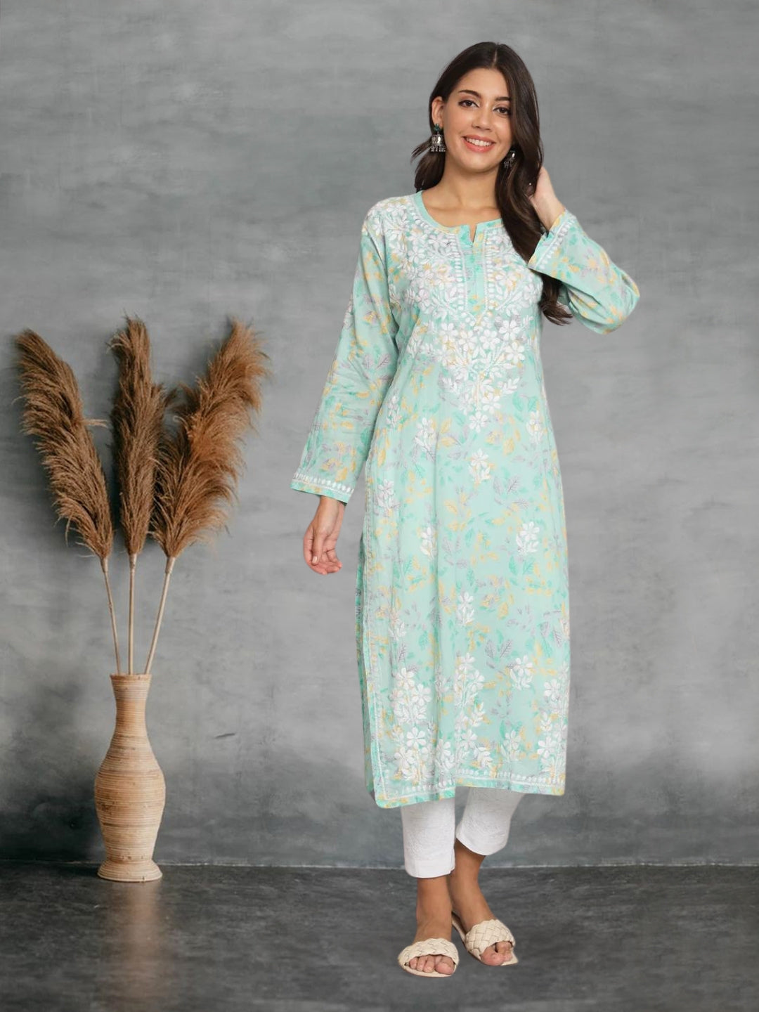 Hand Embroidered Chikan Printed Mulmul Cotton Straight Kurta-AL3680 Seagreen