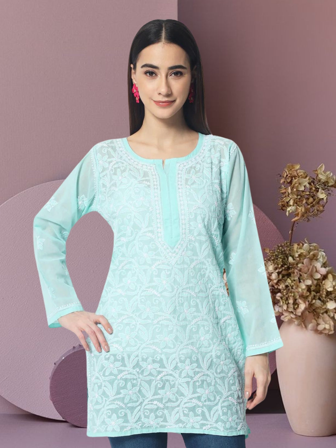 Hand Embroidered Chikankari Cotton Straight Tunic-AL3591 Darkseagreen