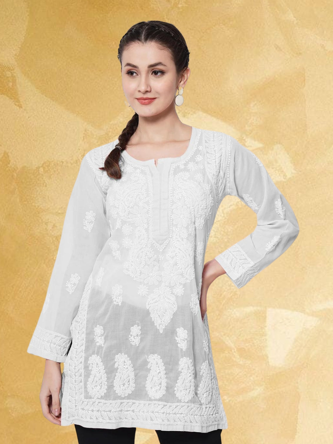 Hand Embroidered Chikankari Cotton Straight Kurti-AL3595 White