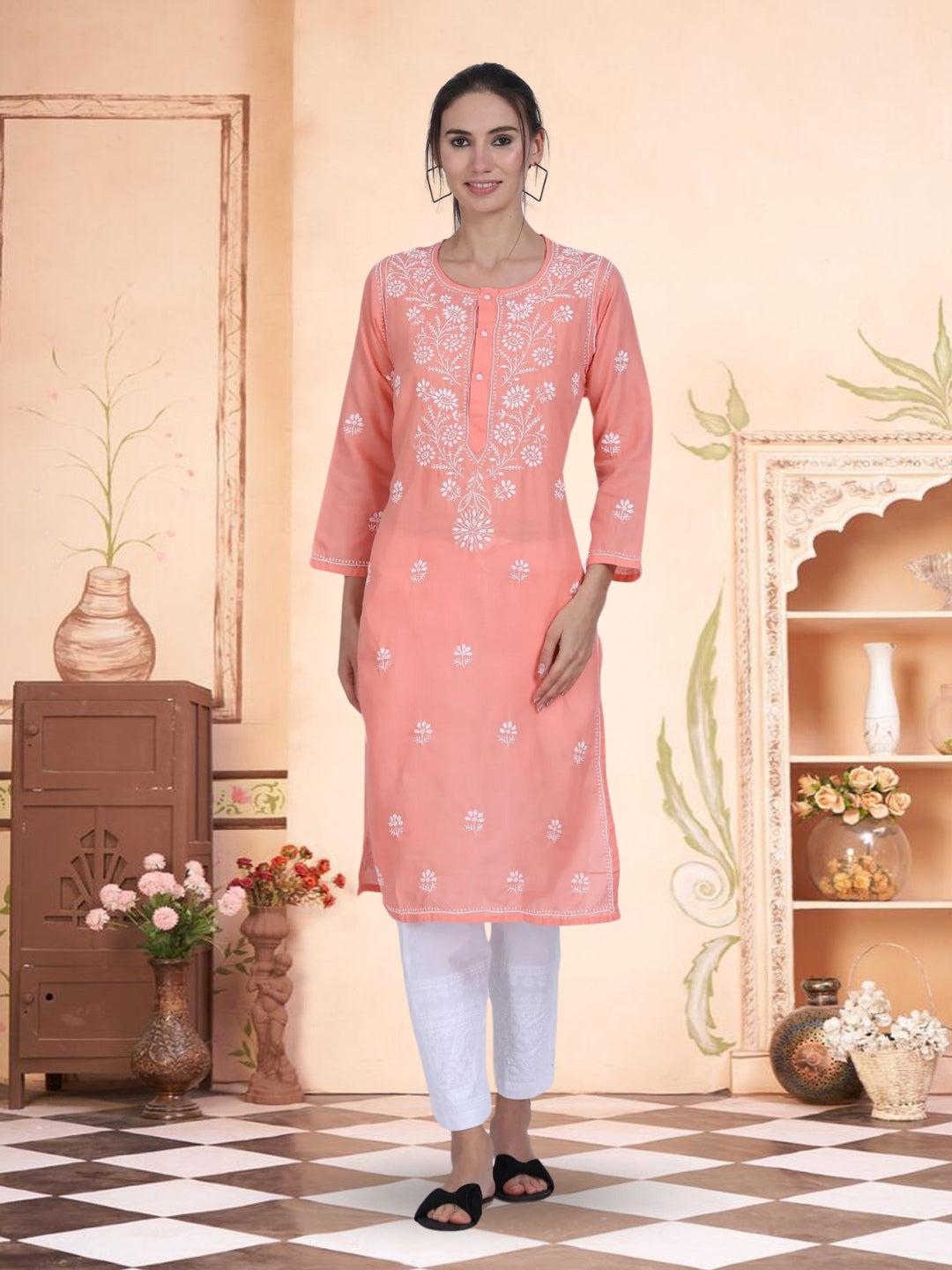 Hand Embroidered Chikankari Cotton Straight Kurta -ALNTV115 Peach