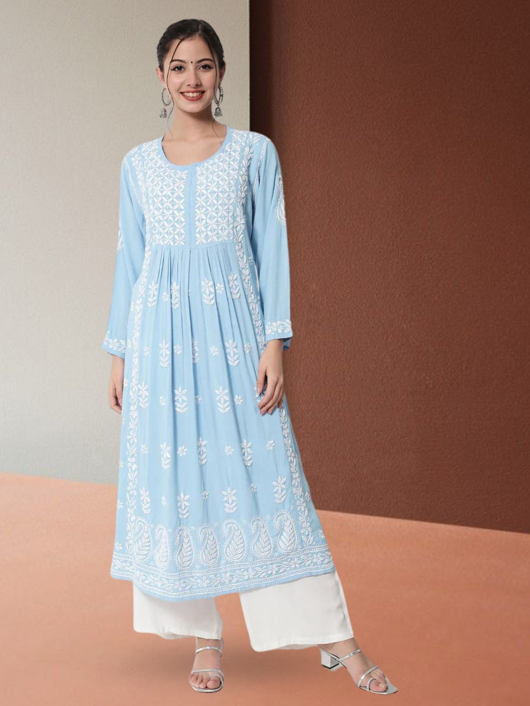 Women Hand Embroidered Chikankari Rayon Kurta-AL3549 Lightskyblue
