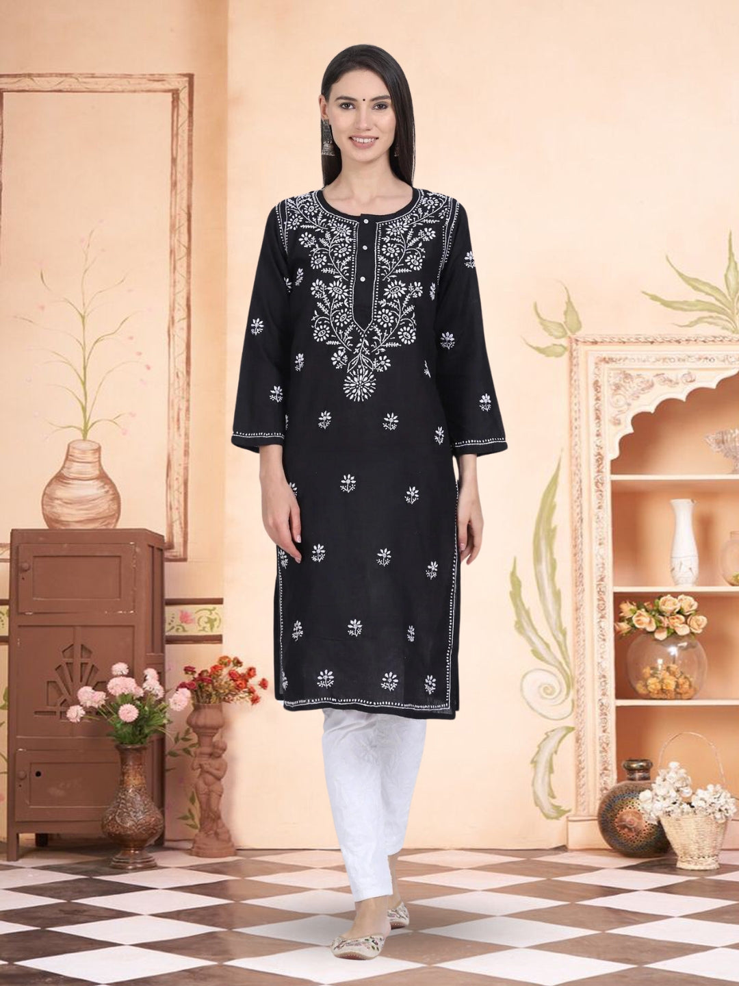 Hand Embroidered Chikankari Cotton Straight Kurta -ALNTV115 Black