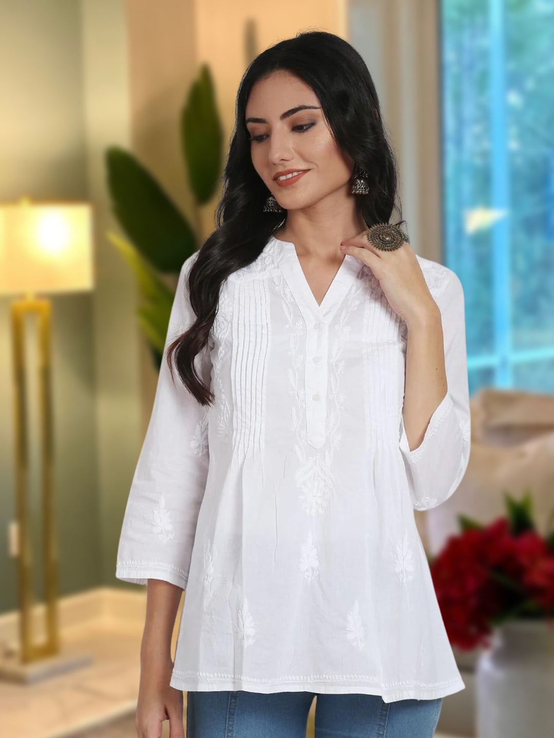 Hand Embroidered Chikankari Cotton White Short Kurti-AL1958S