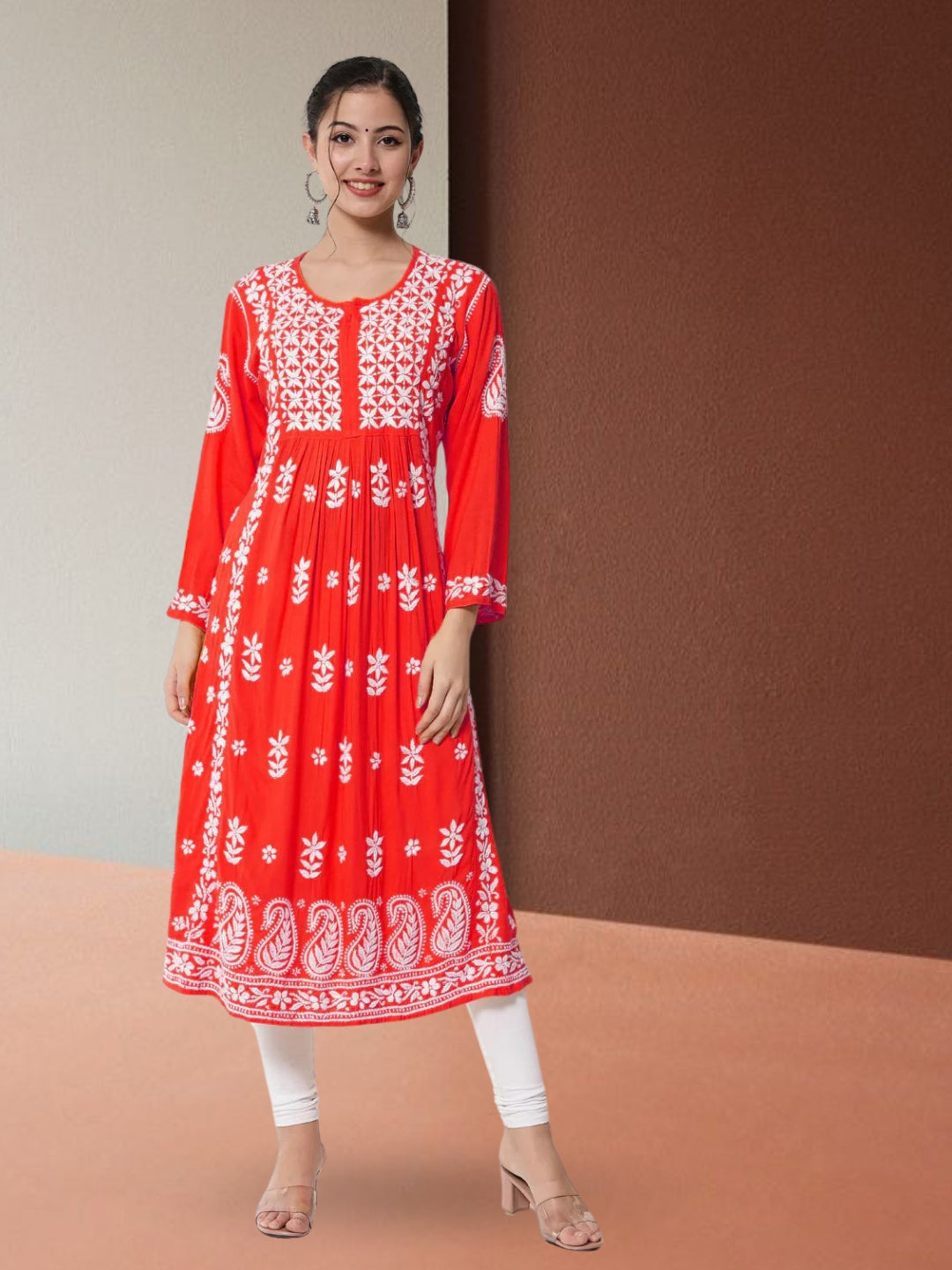 Women Hand Embroidered Chikankari Rayon Kurta-AL3549 Red