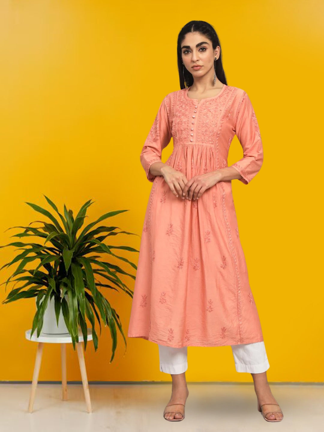 Hand embroidered floral pleated chikankari kurta AL3608 Rust