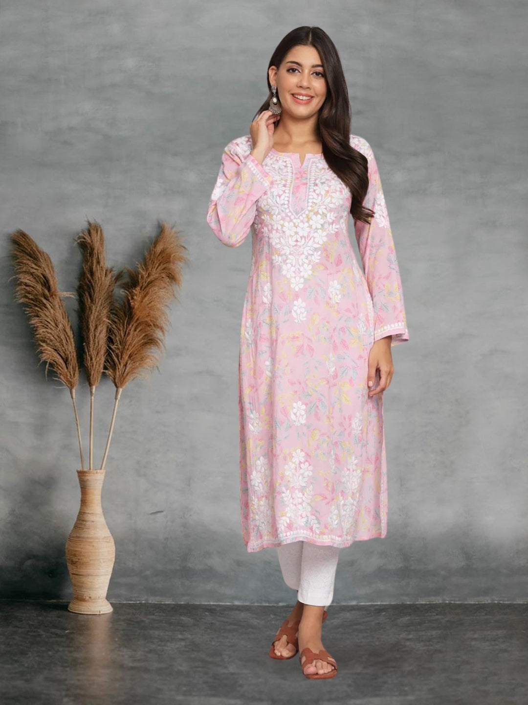 Hand Embroidered Chikan Printed Mulmul Cotton Straight Kurta-AL3680 Pink