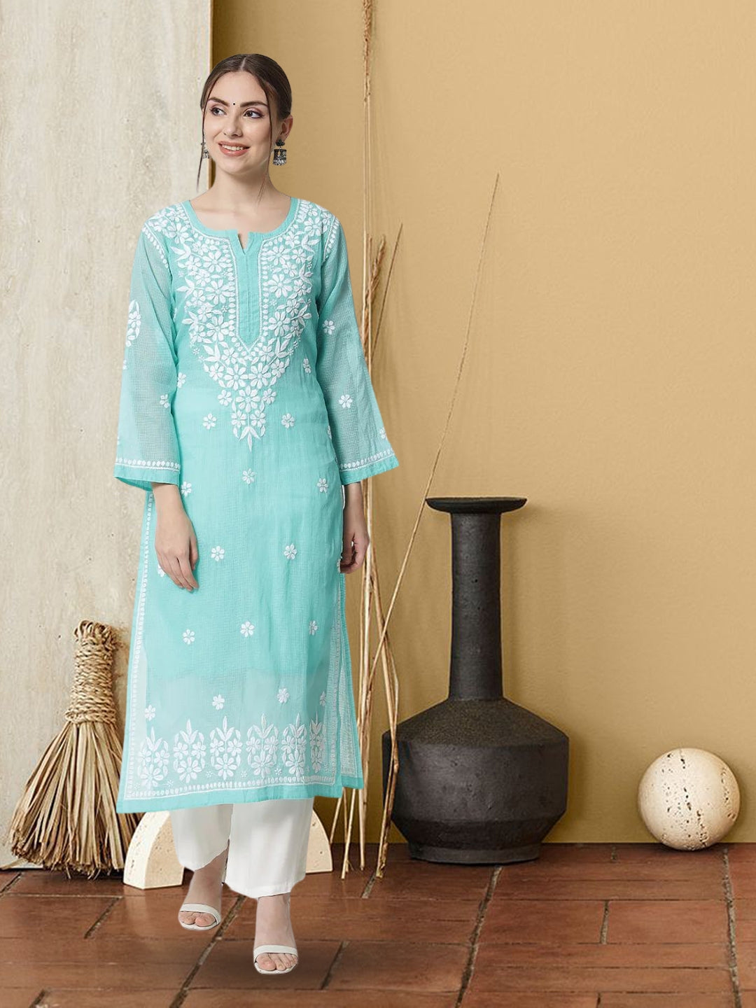 Hand Embroidered Chikankari Kota Straight Kurta With Slip-AL3540 Seagreen