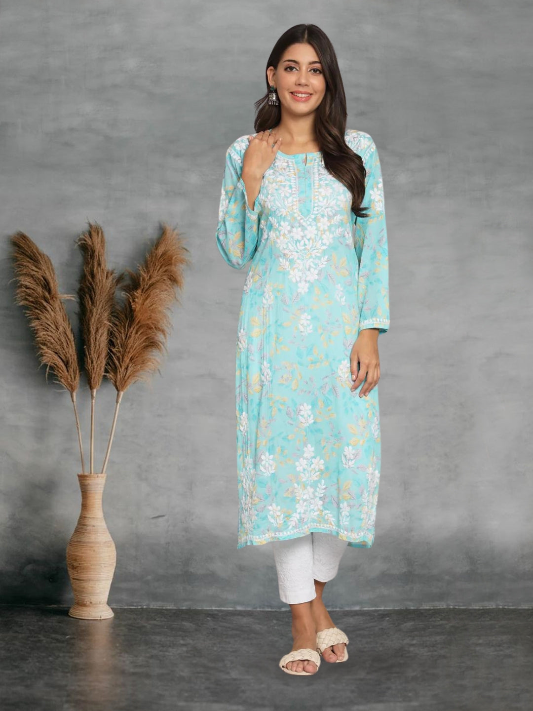 Hand Embroidered Chikan Printed Mulmul Cotton Straight Kurta-AL3680 Blue