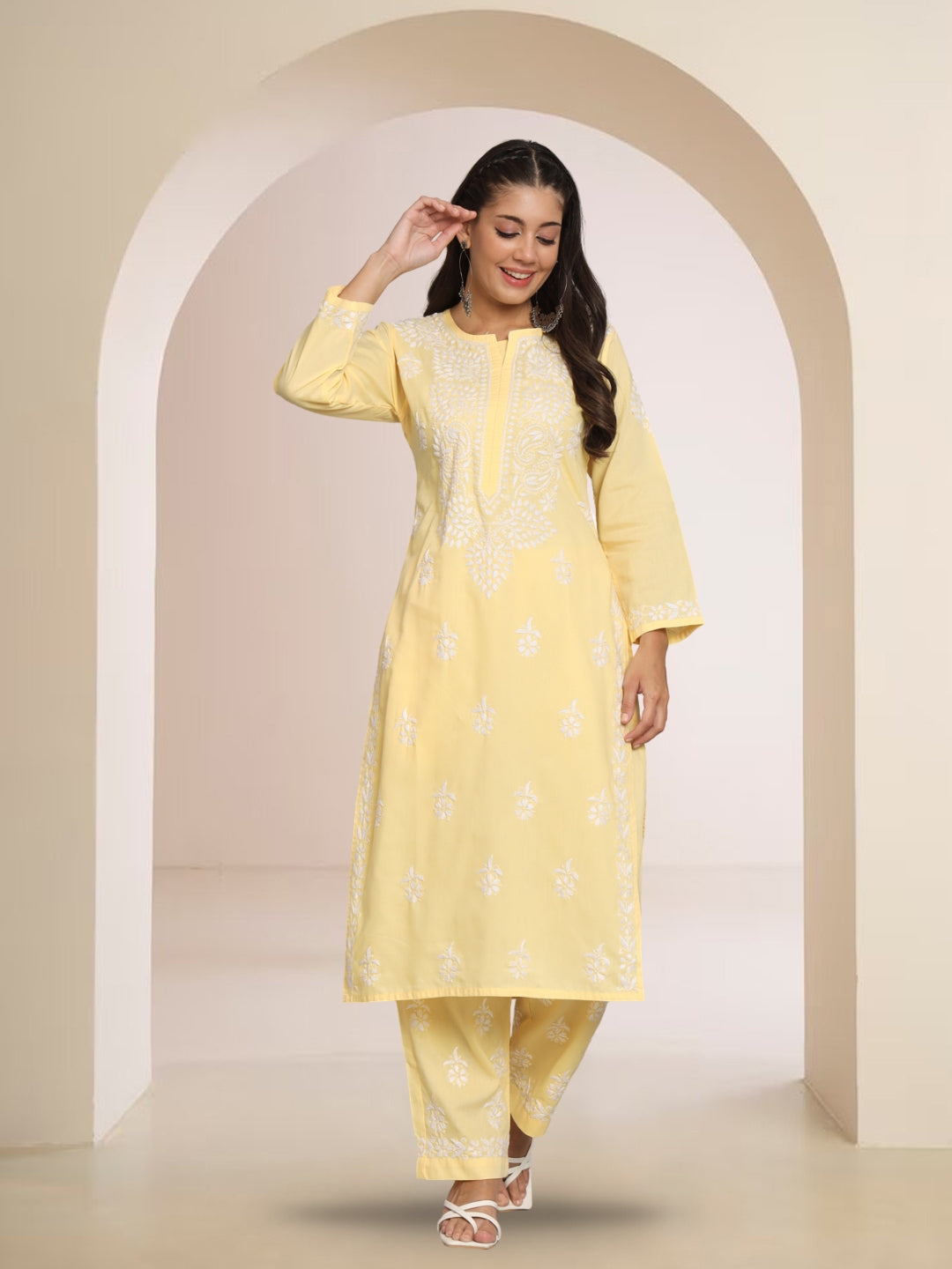 Women Hand Embroidered Chikankari Cotton Kurta Set-AL3674KS Yellow