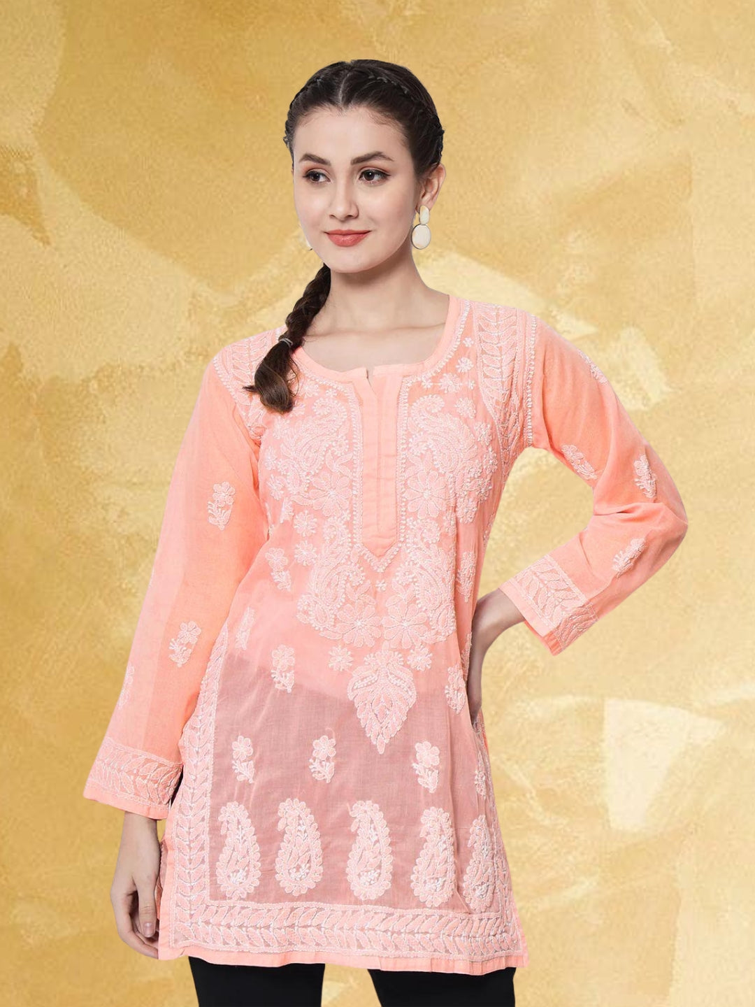Hand Embroidered Chikankari Cotton Straight Kurti-AL3595 Darkpeach