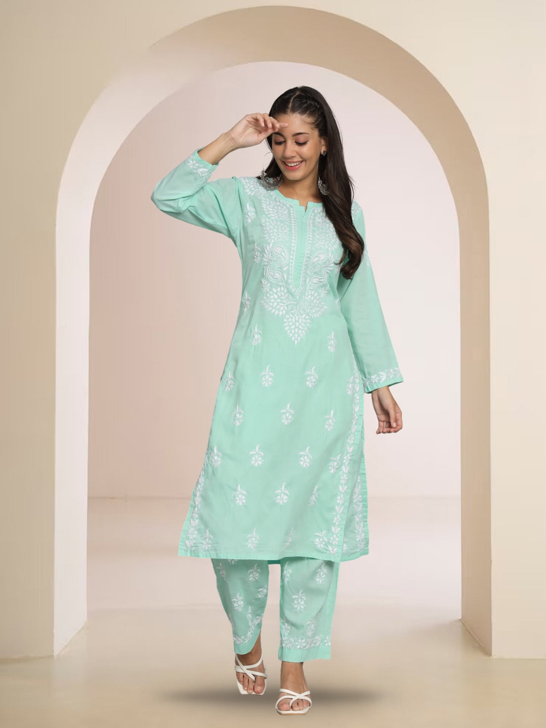 Women Hand Embroidered Chikankari Cotton Kurta Set-AL3674KS Seagreen