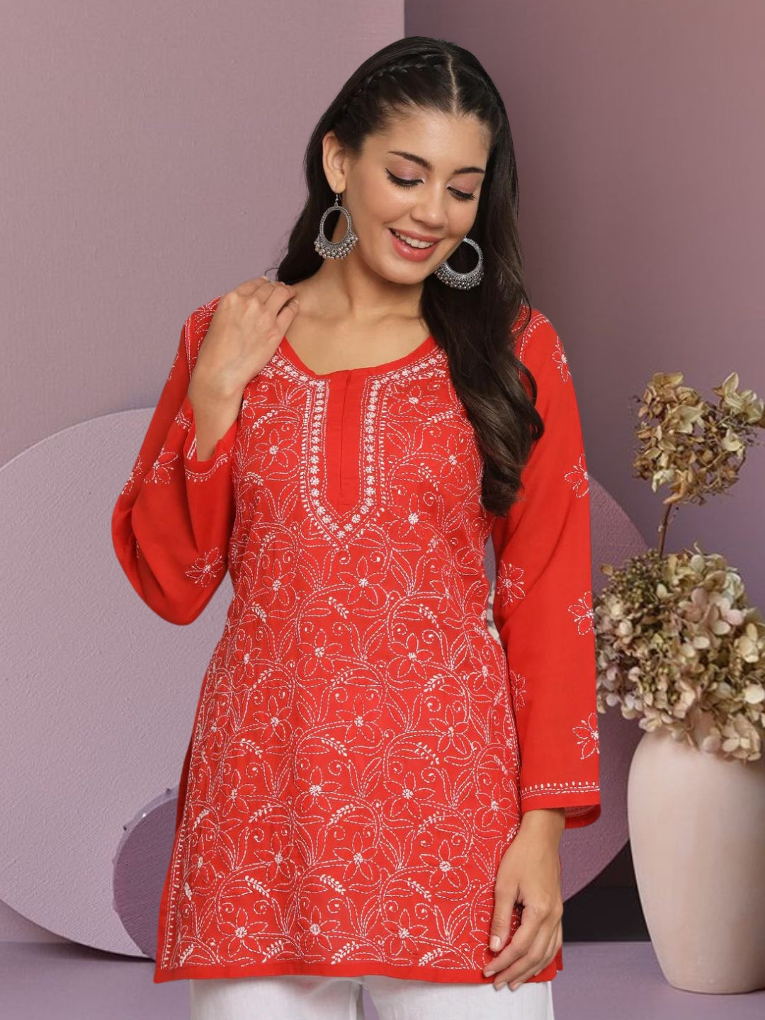 Hand Embroidered Chikankari Cotton Straight Tunic-AL3591 Red
