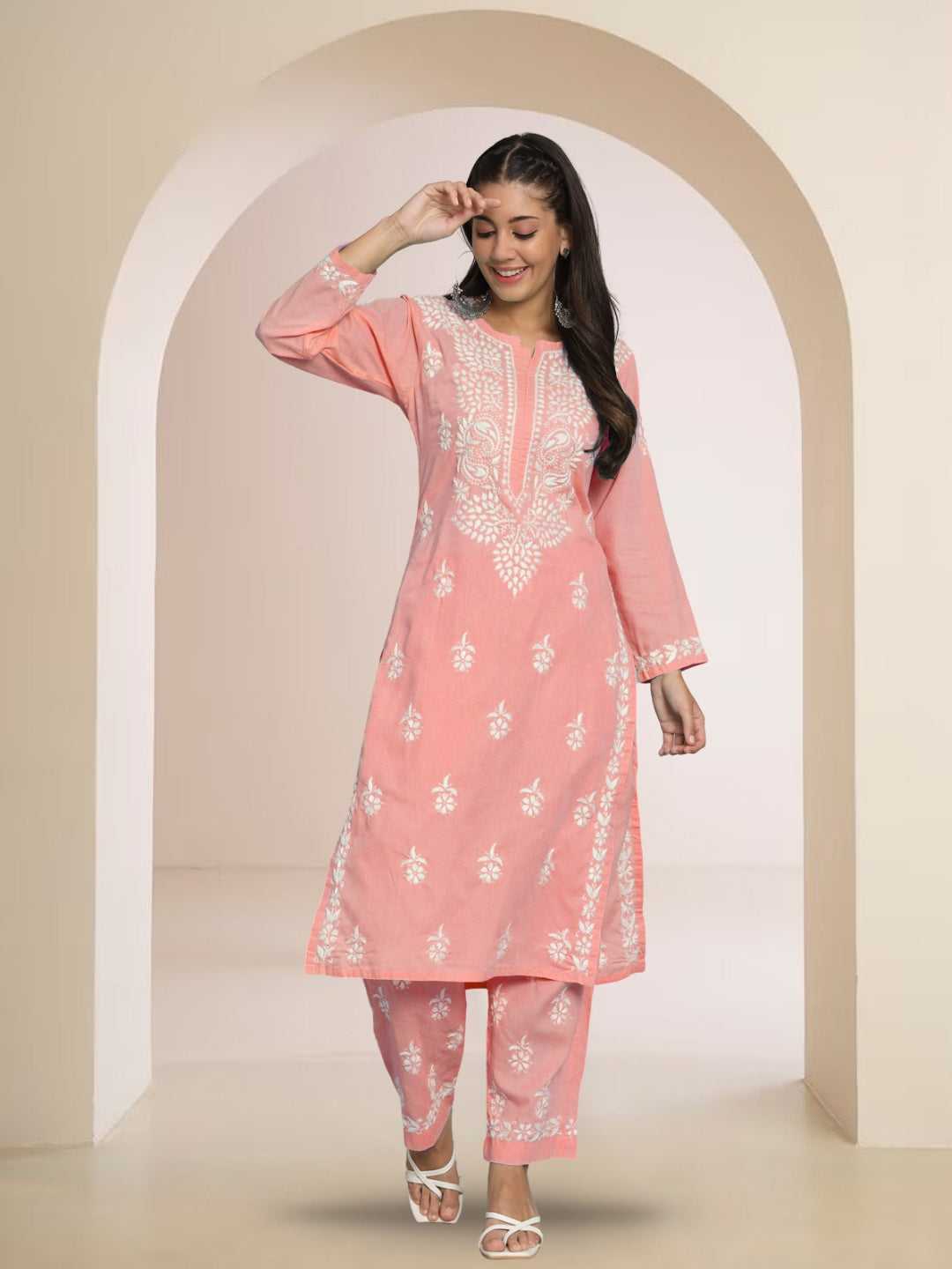 Women Hand Embroidered Chikankari Cotton Kurta Set-AL3674KS Peach