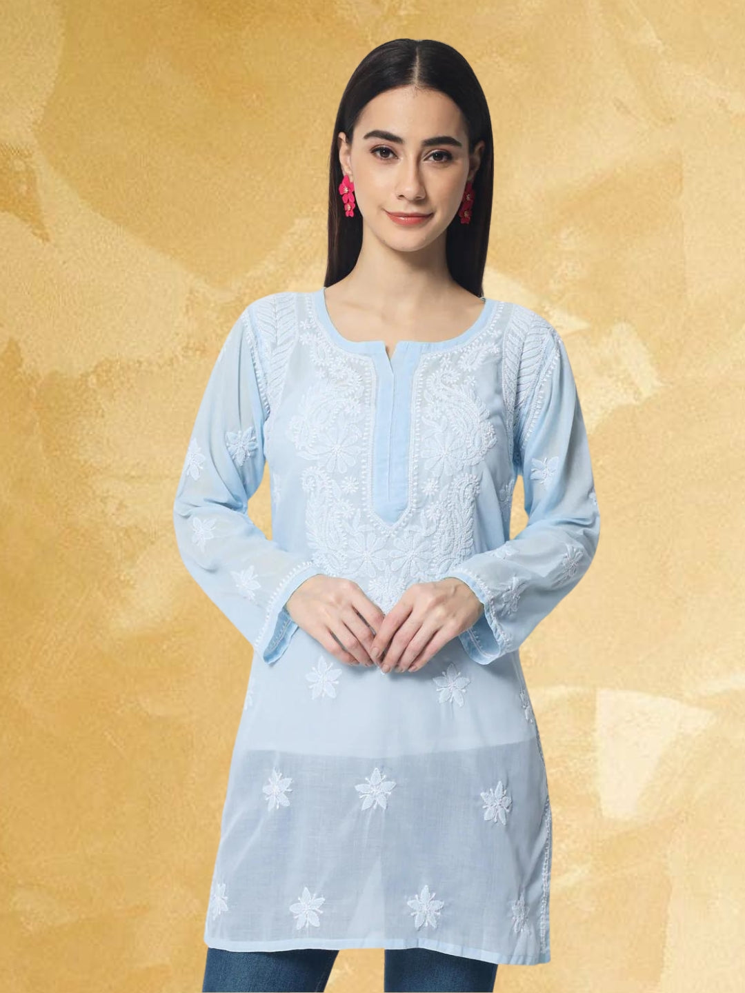 Hand Embroidered Chikankari Cotton Straight Kurti-AL3595 Blue