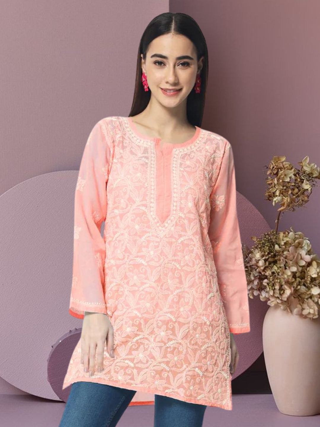 Hand Embroidered Chikankari Cotton Straight Tunic-AL3591 Darkpeach
