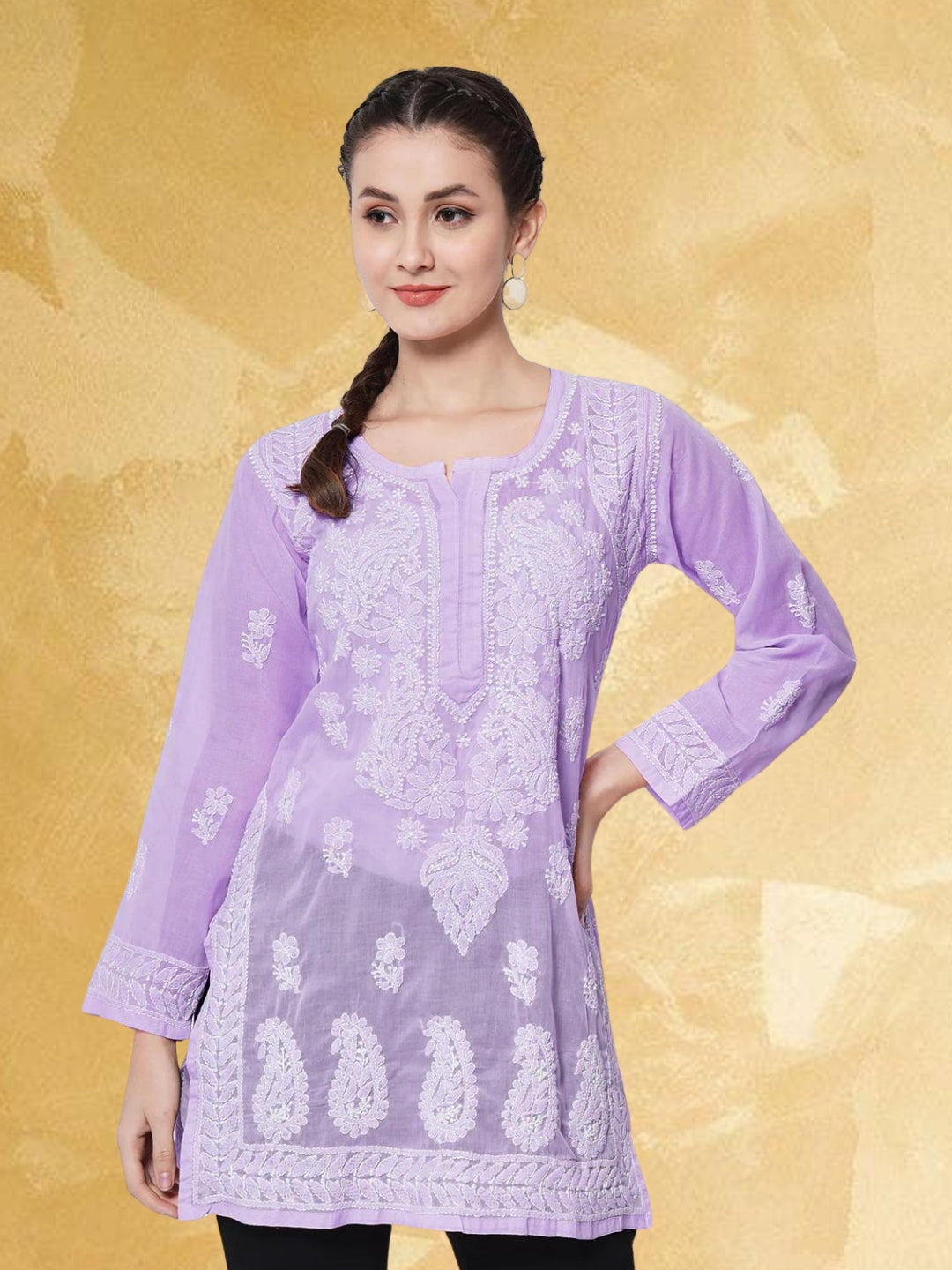 Hand Embroidered Chikankari Cotton Straight Kurti-AL3595 Purple