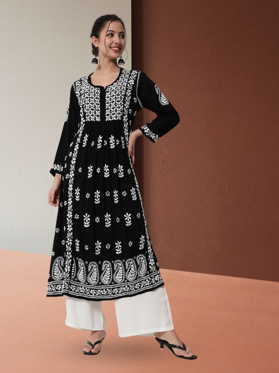 Women Hand Embroidered Chikankari Rayon Kurta-AL3549 Black