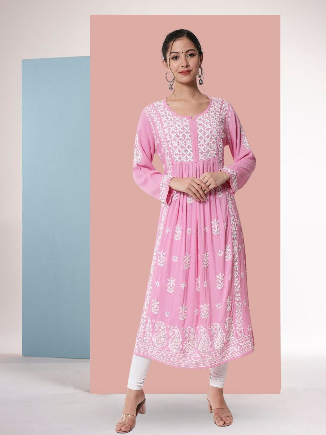 Women Hand Embroidered Chikankari Rayon Kurta-AL3549 Pink