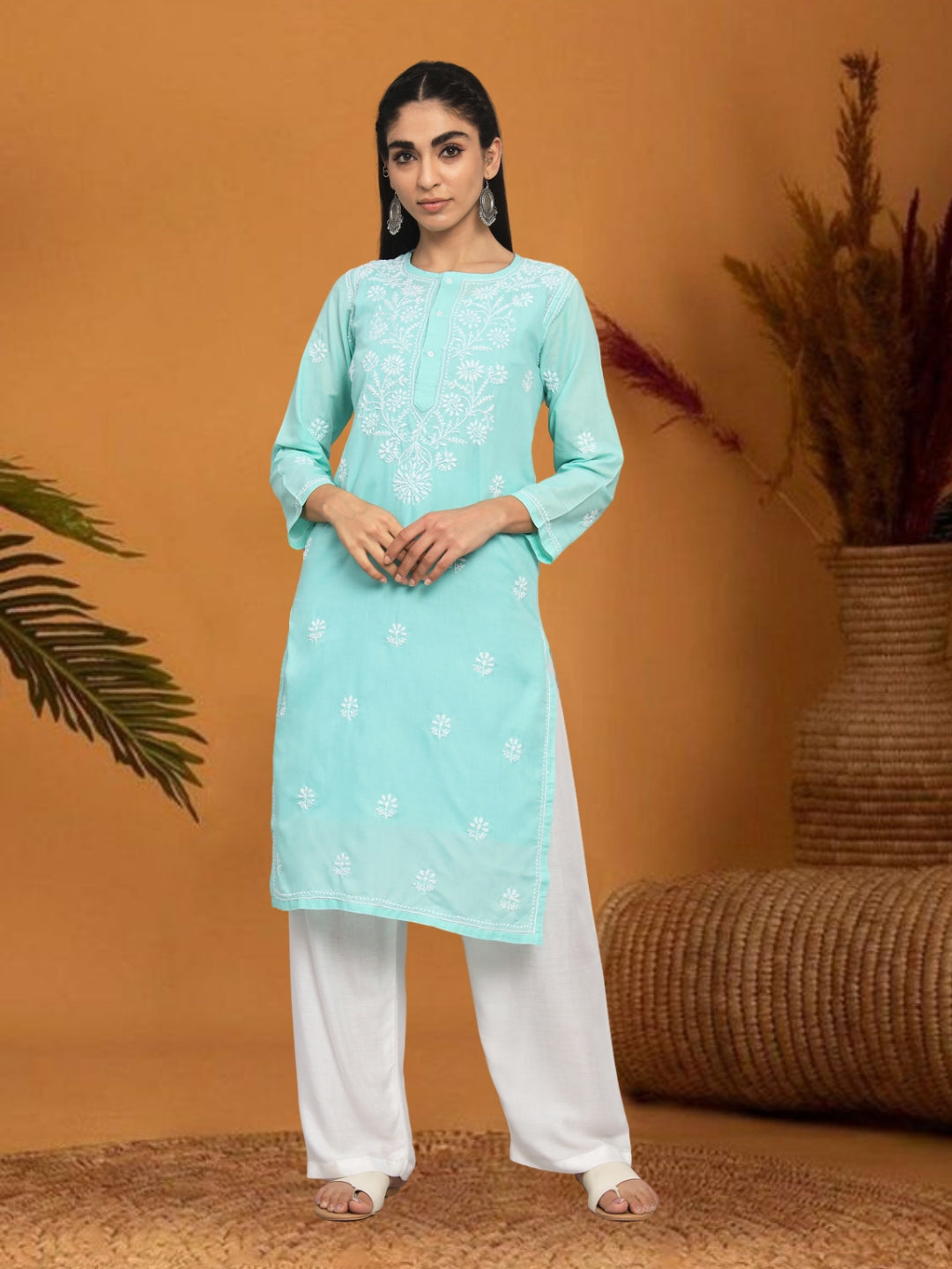 Hand Embroidered Chikankari Cotton Straight Kurta -ALNTV115 Seagreen