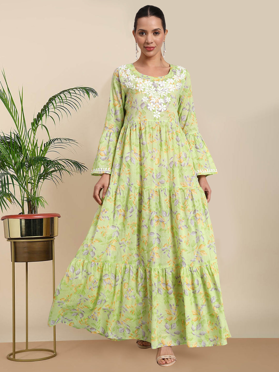 Hand Embroidered Chikankari A-Line Gathering Pattern Mulmul Cotton Jalabiya-AL3673A Green