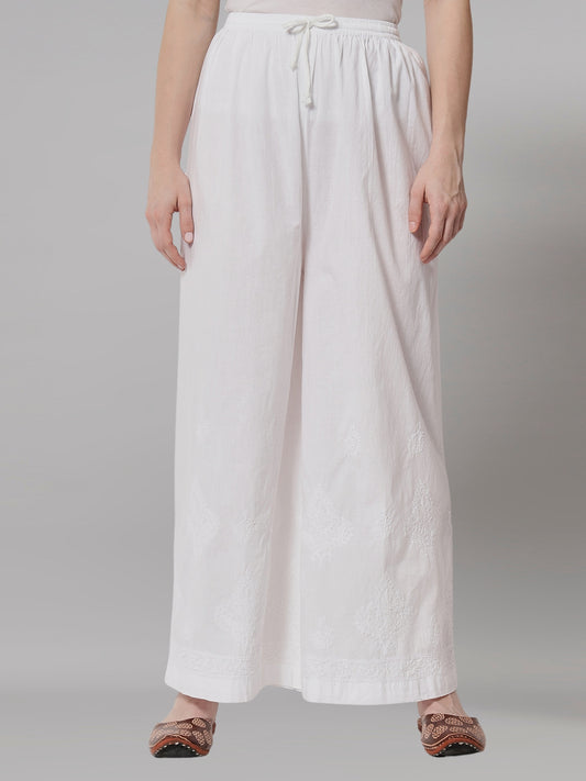 Hand Embroidered Chikankari Women White Pant-AL3570