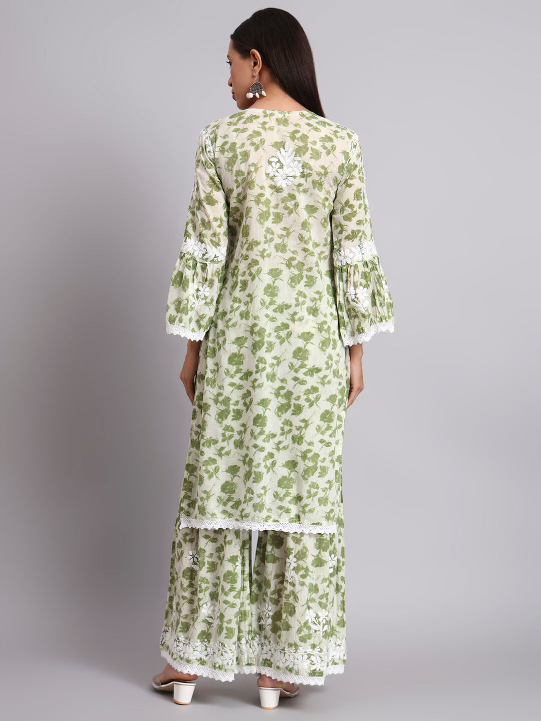 Women Hand Embroidered Chikankari Cotton Kurta Set-AL4099KS Green