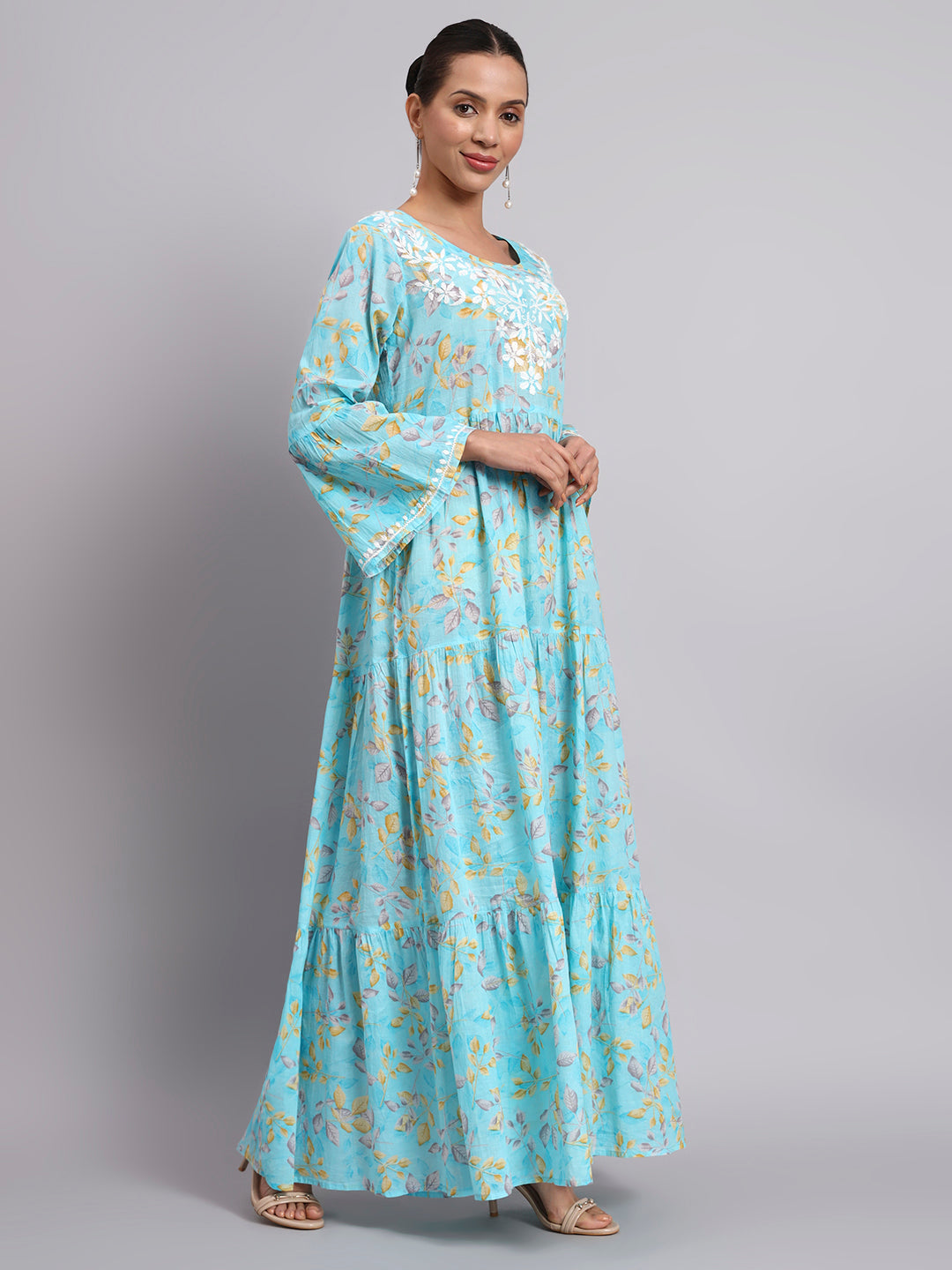 Hand Embroidered Chikankari A-Line Gathering Pattern Mulmul Cotton Jalabiya-AL3673A Blue