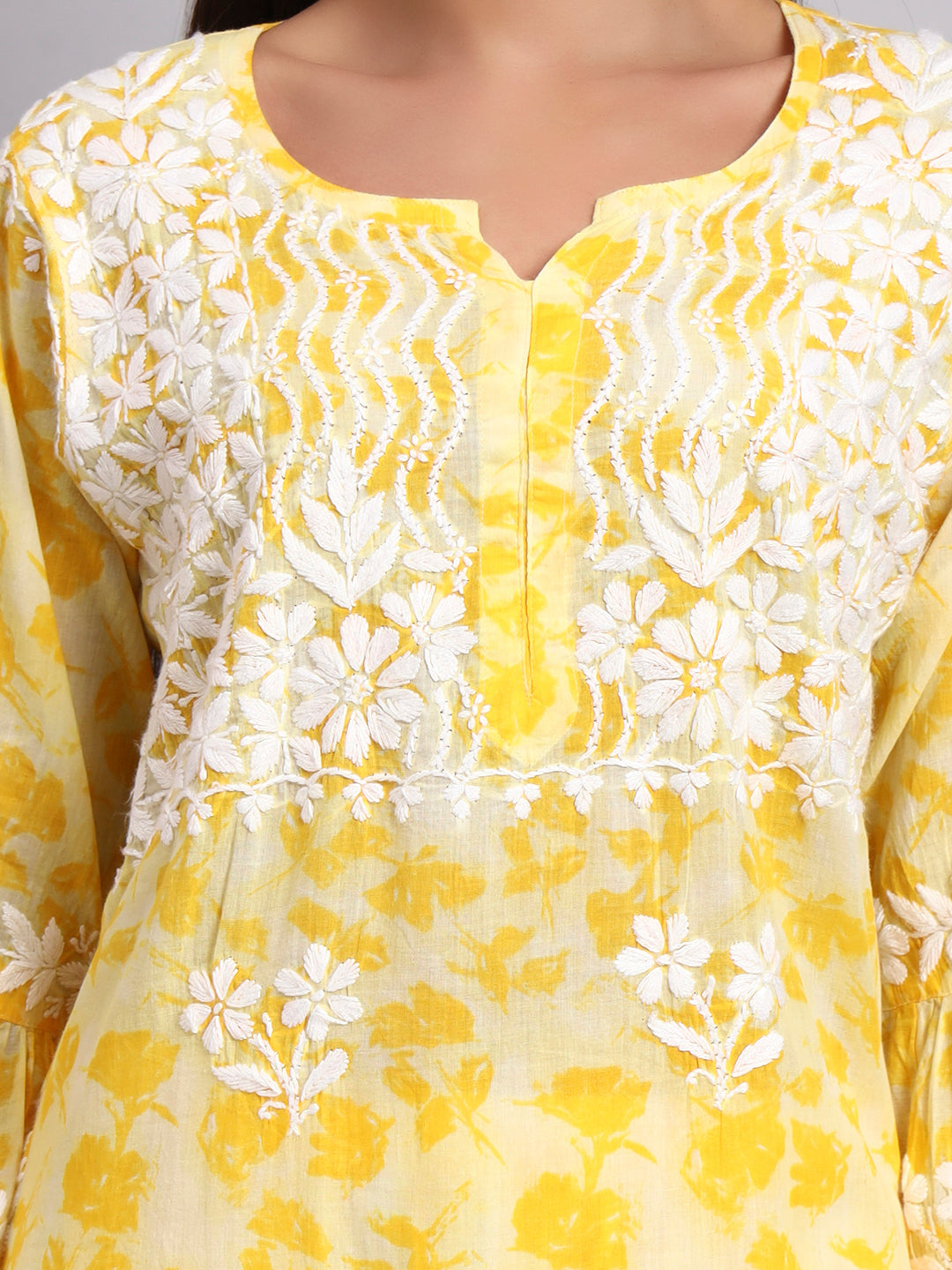 Women Hand Embroidered Chikankari Cotton Kurta Set-AL4099KS Yellow