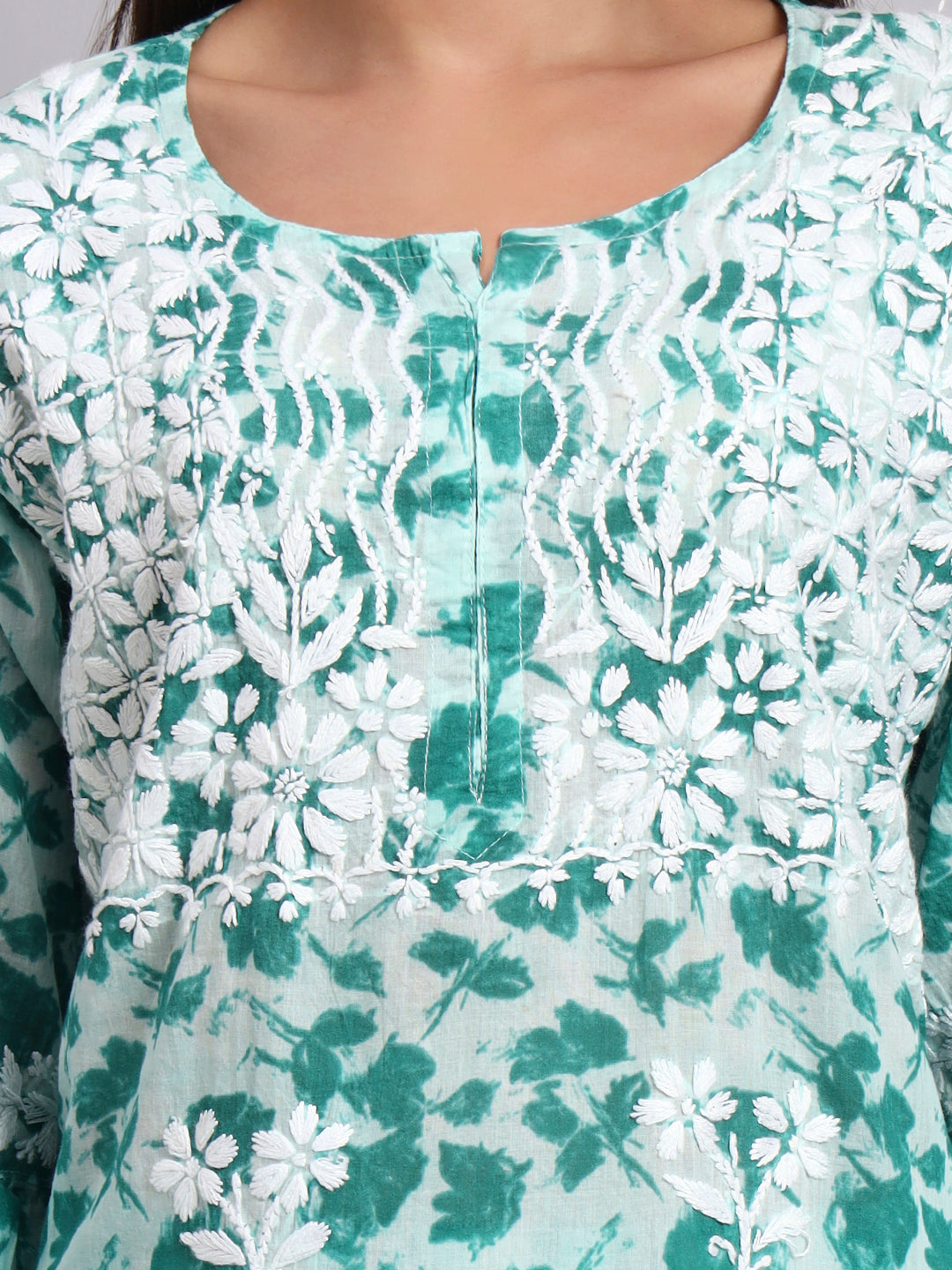 Women Hand Embroidered Chikankari Cotton Kurta Set-AL4099KS Rama Green