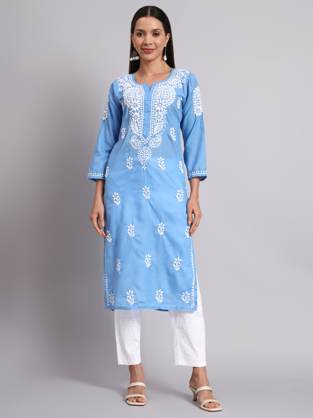 Hand Embroidered Chikankari Cotton Straight Kurta-AL3561 Denim