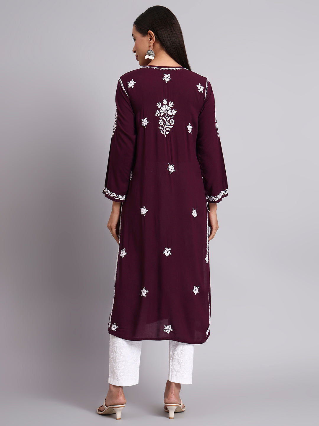 Women Hand Embroidered Modal Chikankari Kurta-AL4059 Wine