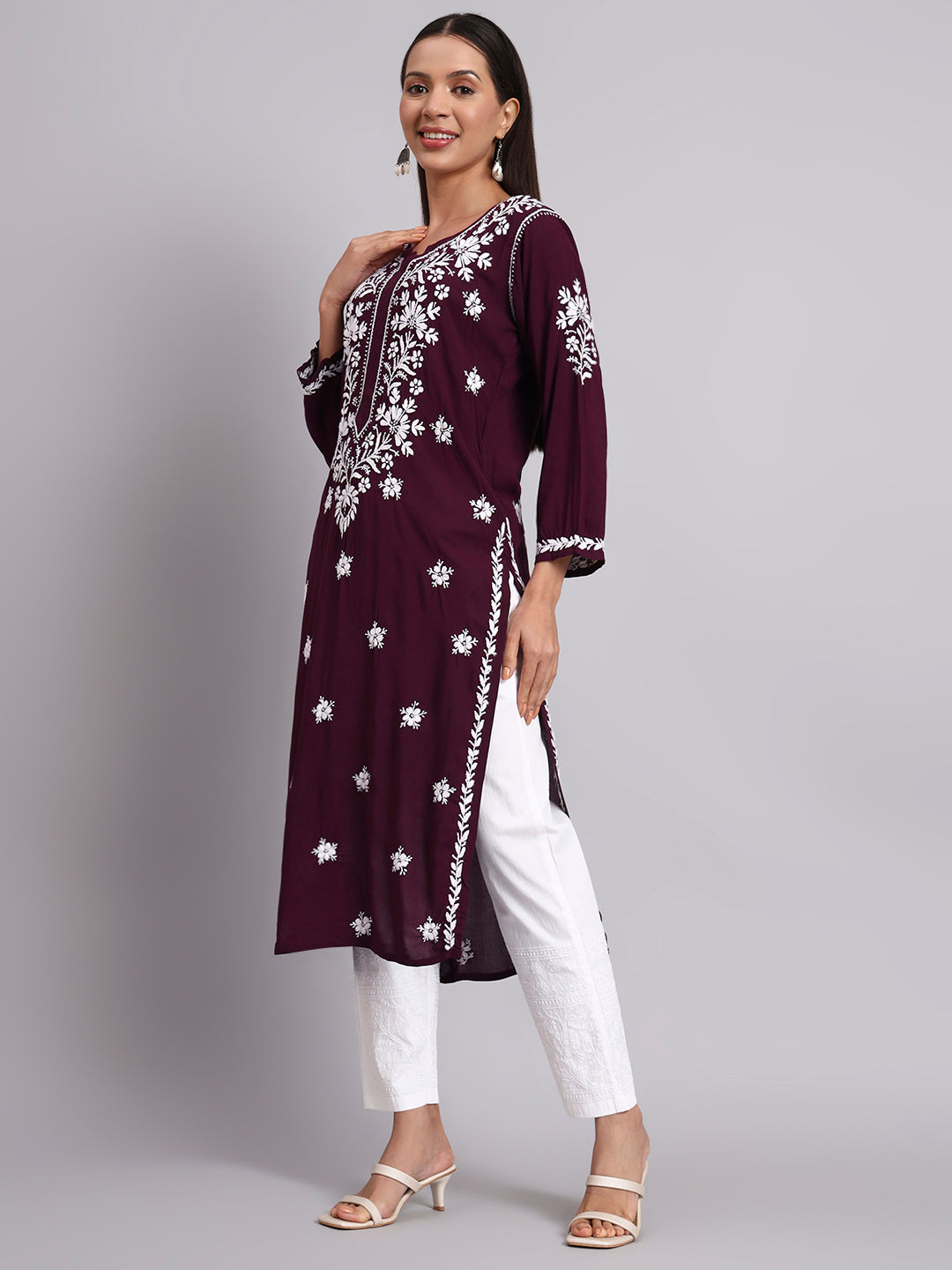 Women Hand Embroidered Modal Chikankari Kurta-AL4059 Wine