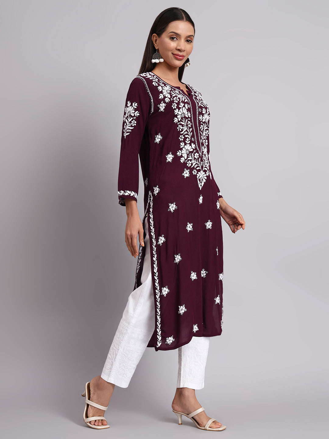 Women Hand Embroidered Modal Chikankari Kurta-AL4059 Wine