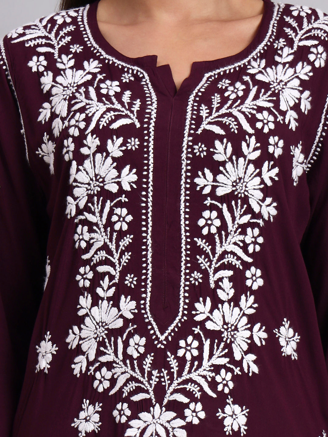 Women Hand Embroidered Modal Chikankari Kurta-AL4059 Wine
