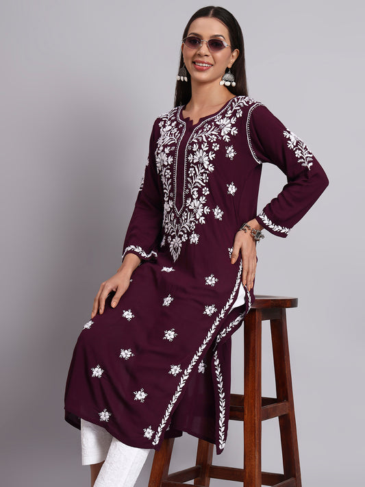 Women Hand Embroidered Modal Chikankari Kurta-AL4059 Black