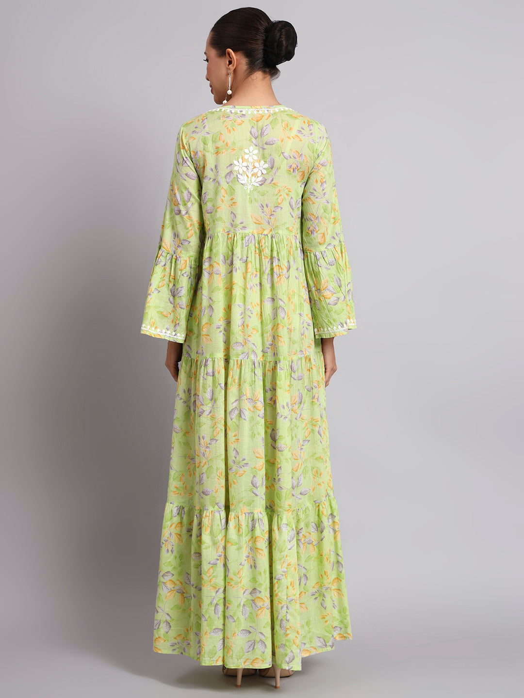 Hand Embroidered Chikankari A-Line Gathering Pattern Mulmul Cotton Jalabiya-AL3673A Green