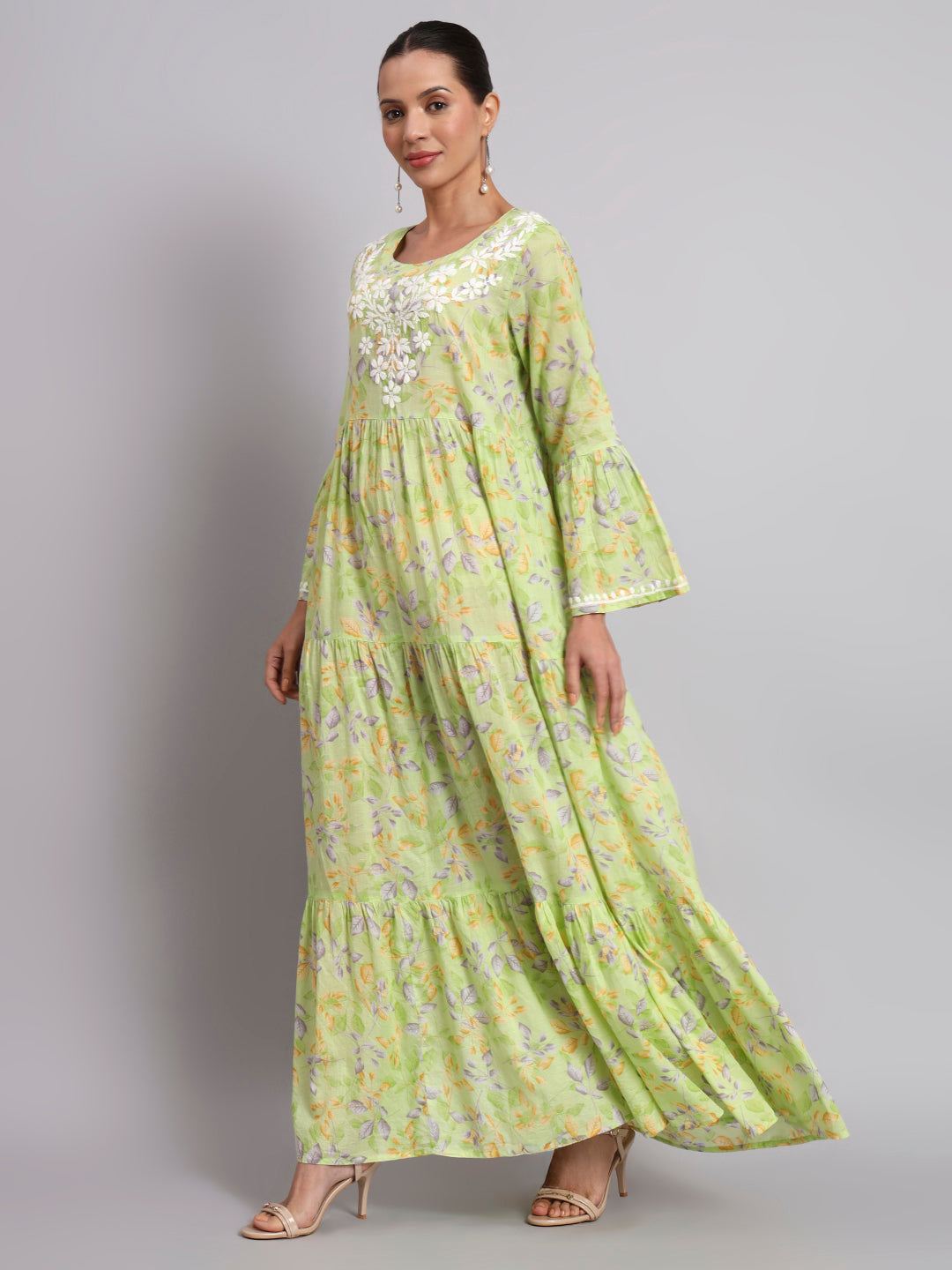Hand Embroidered Chikankari A-Line Gathering Pattern Mulmul Cotton Jalabiya-AL3673A Green