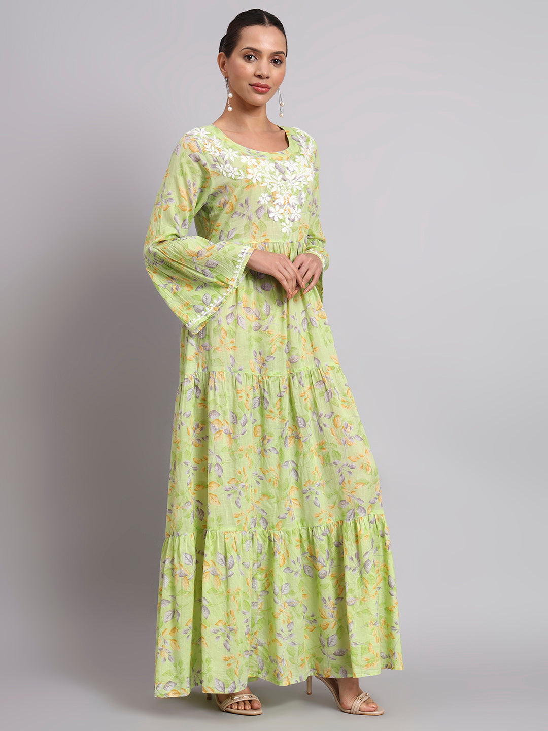 Hand Embroidered Chikankari A-Line Gathering Pattern Mulmul Cotton Jalabiya-AL3673A Green