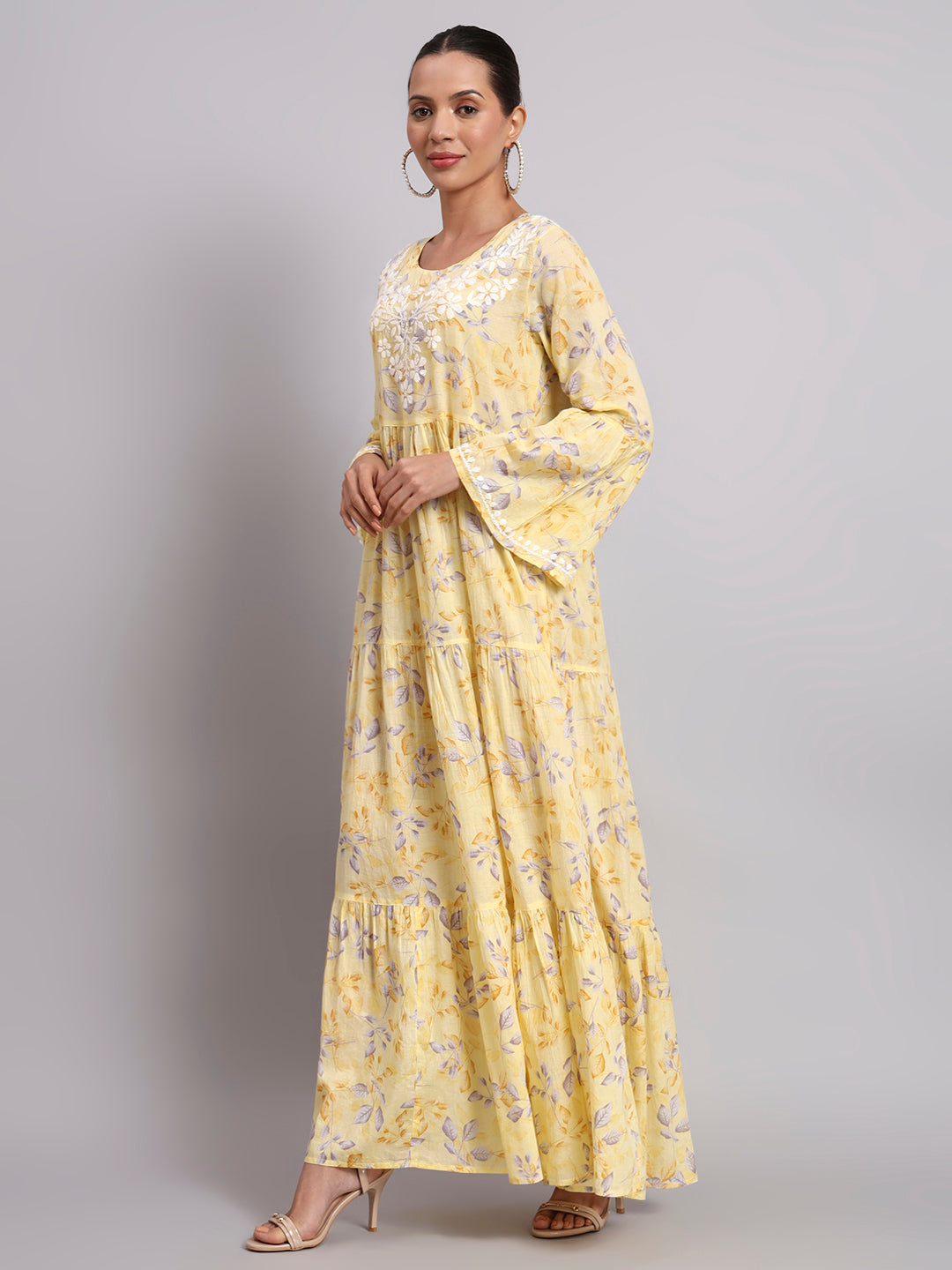 Hand Embroidered Chikankari A-Line Gathering Pattern Mulmul Cotton Jalabiya-AL3673A Yellow