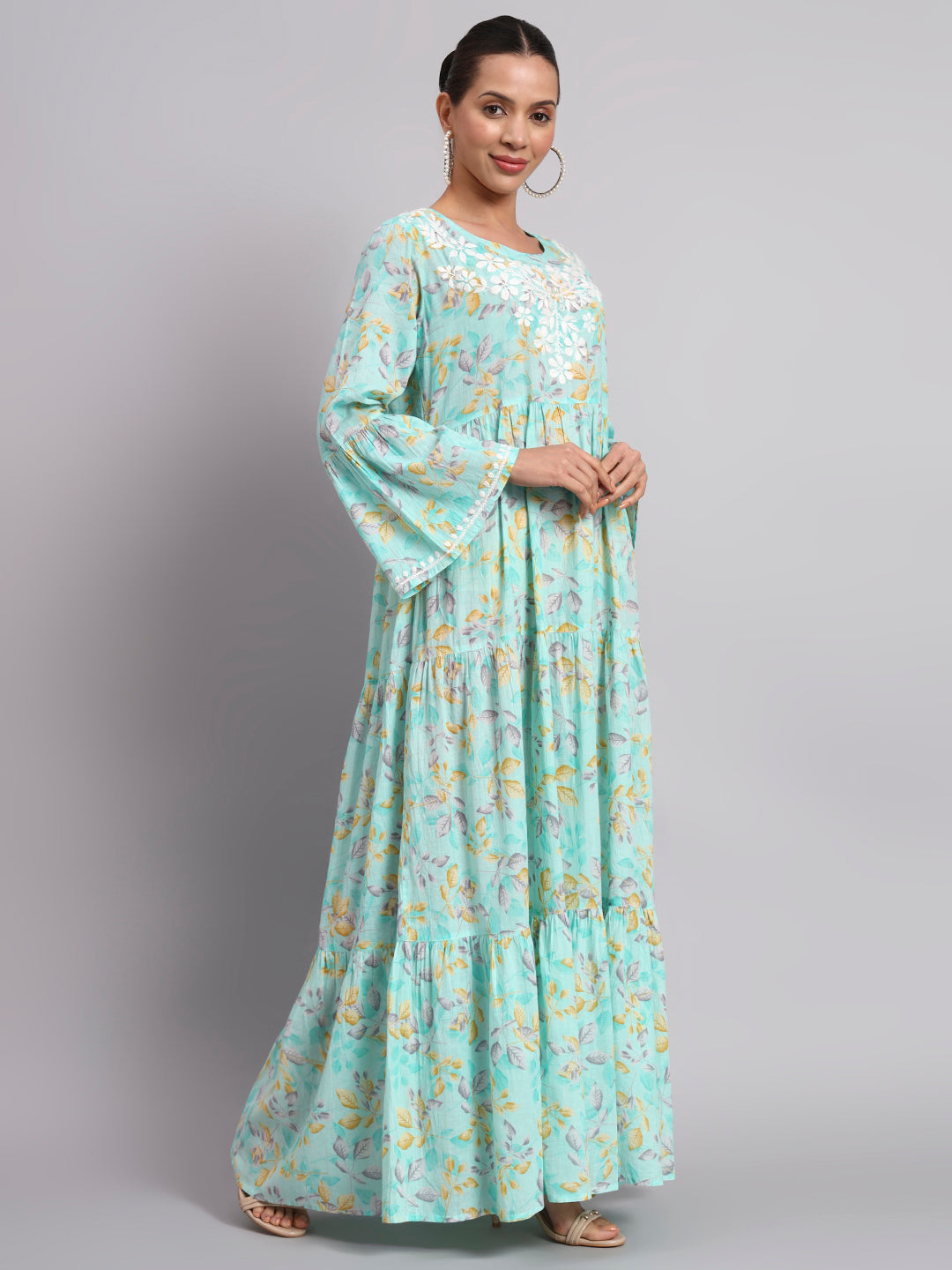 Hand Embroidered Chikankari A-Line Gathering Pattern Mulmul Cotton Jalabiya-AL3673A Seagreen