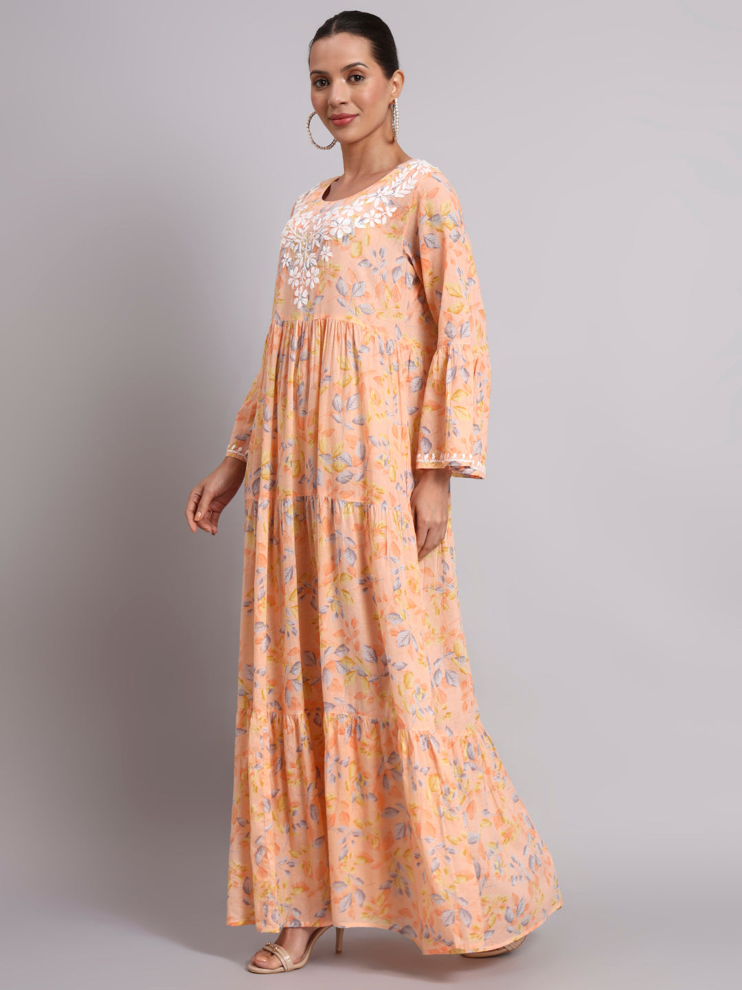 Hand Embroidered Chikankari A-Line Gathering Pattern Mulmul Cotton Jalabiya-AL3673A Peach