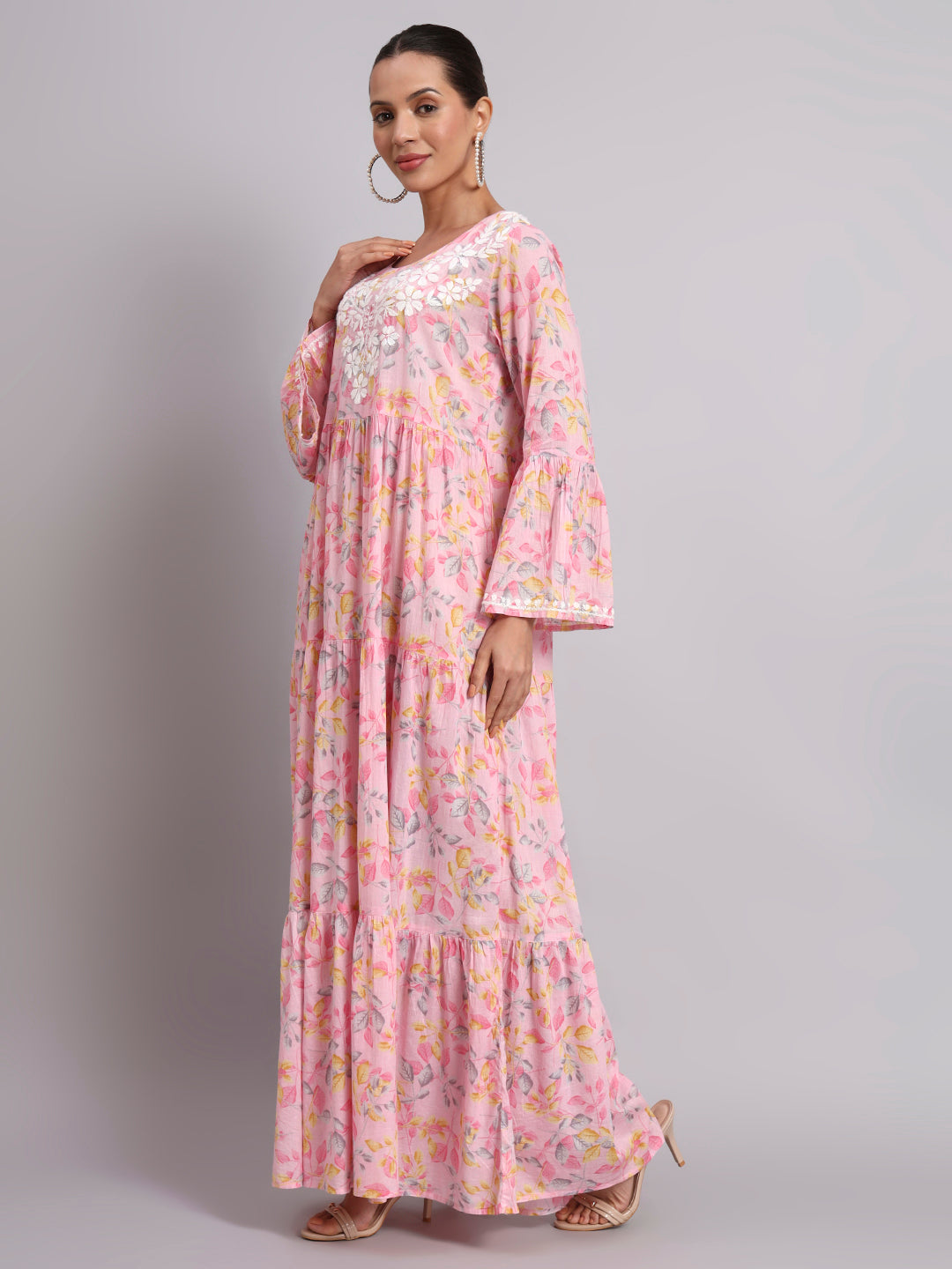 Hand Embroidered Chikankari A-Line Gathering Pattern Mulmul Cotton Jalabiya-AL3673A Pink