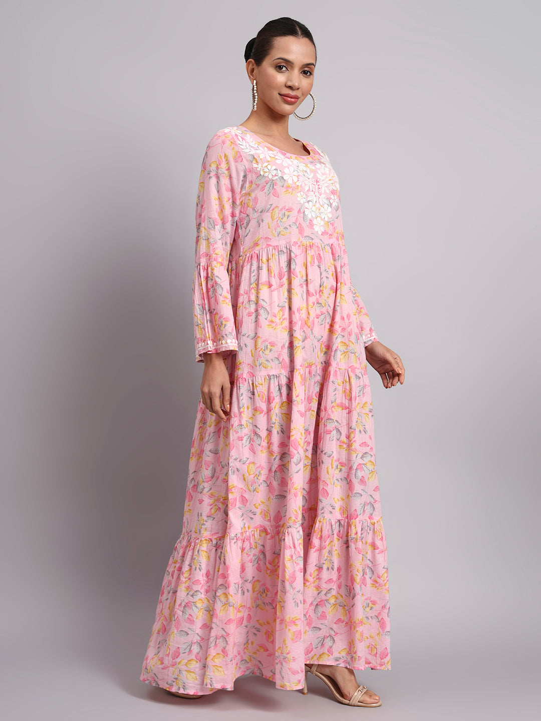 Hand Embroidered Chikankari A-Line Gathering Pattern Mulmul Cotton Jalabiya-AL3673A Pink