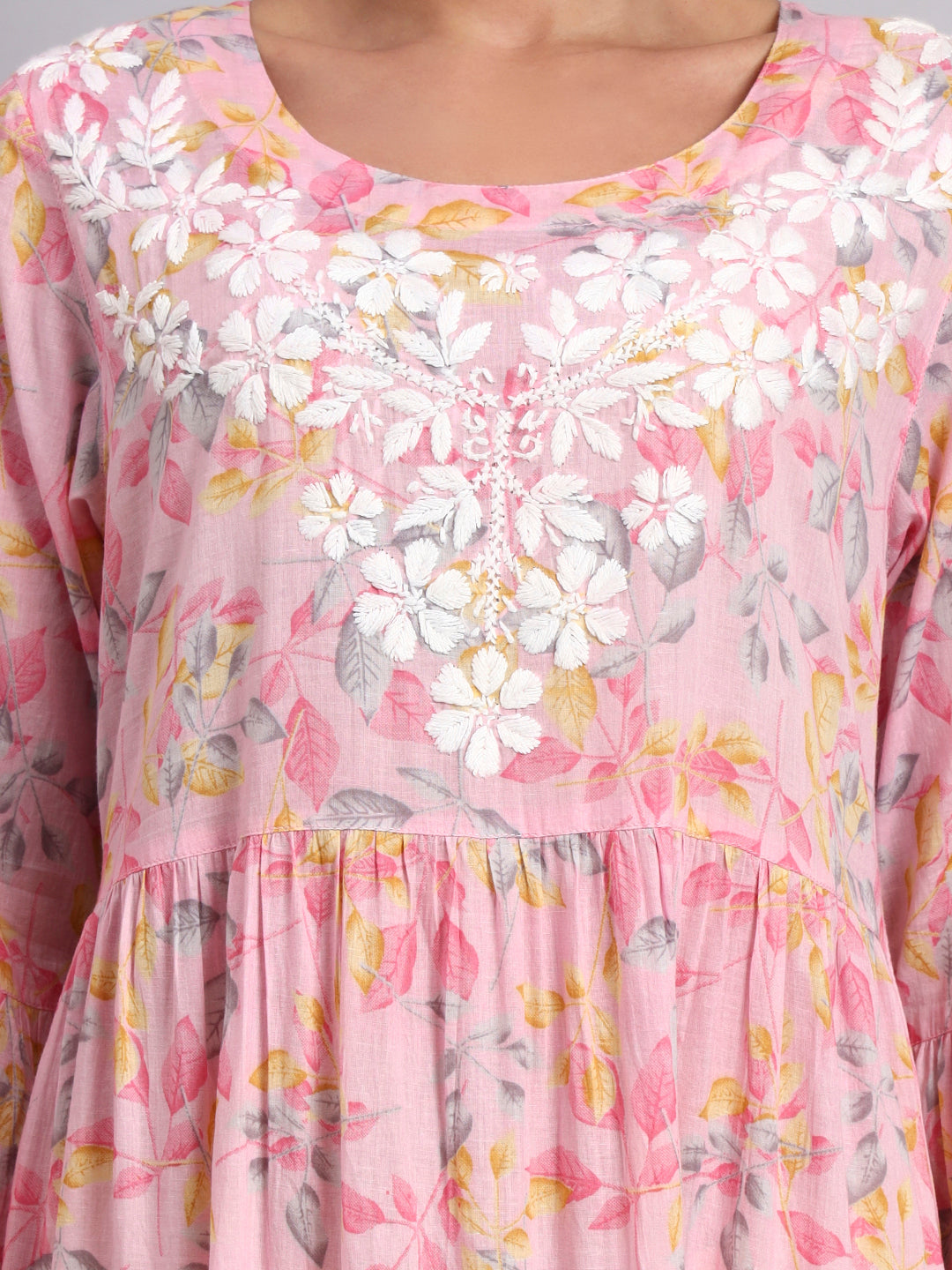 Hand Embroidered Chikankari A-Line Gathering Pattern Mulmul Cotton Jalabiya-AL3673A Pink