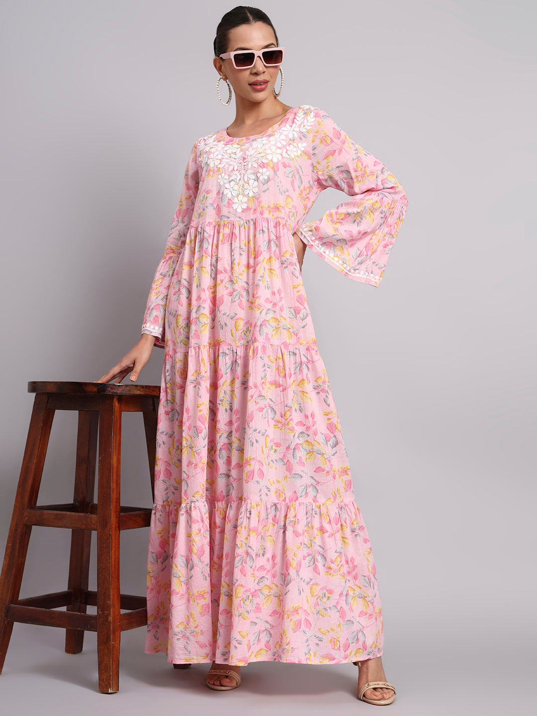 Hand Embroidered Chikankari A-Line Gathering Pattern Mulmul Cotton Jalabiya-AL3673A Pink