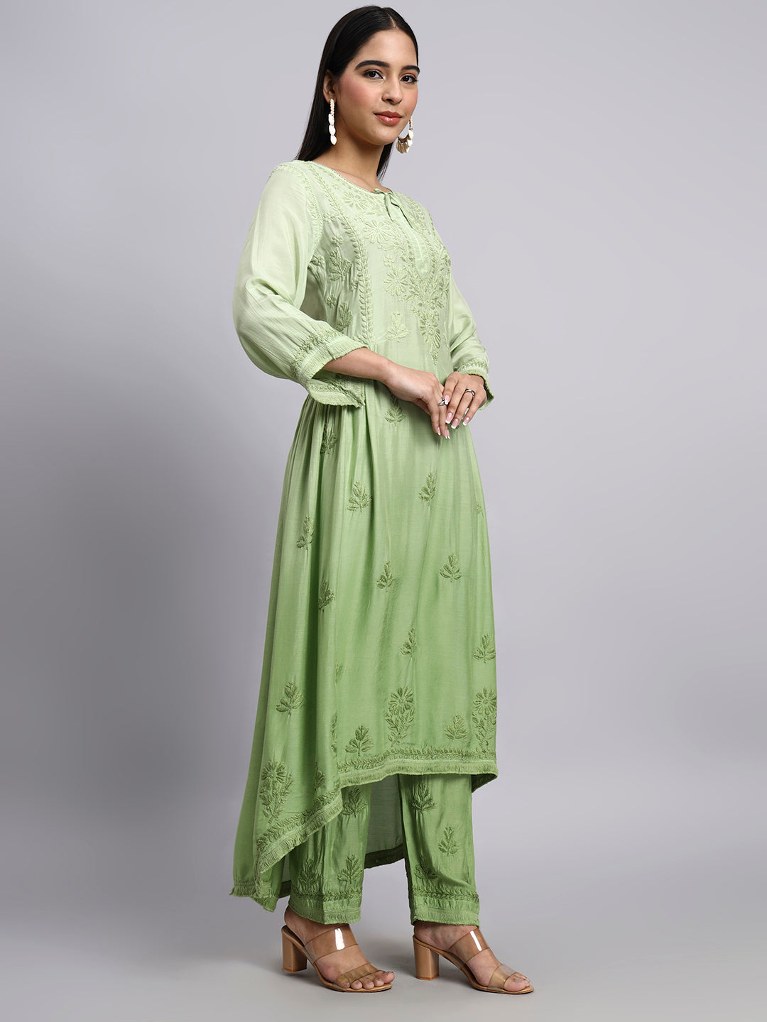 Women Hand Embroidered Chikankari Muslin Kurta Set-AL4101KS Green