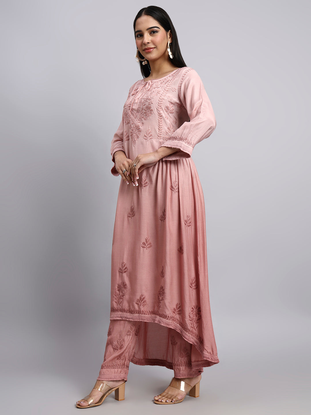 Women Hand Embroidered Chikankari Muslin Kurta Set-AL4101KS Beige