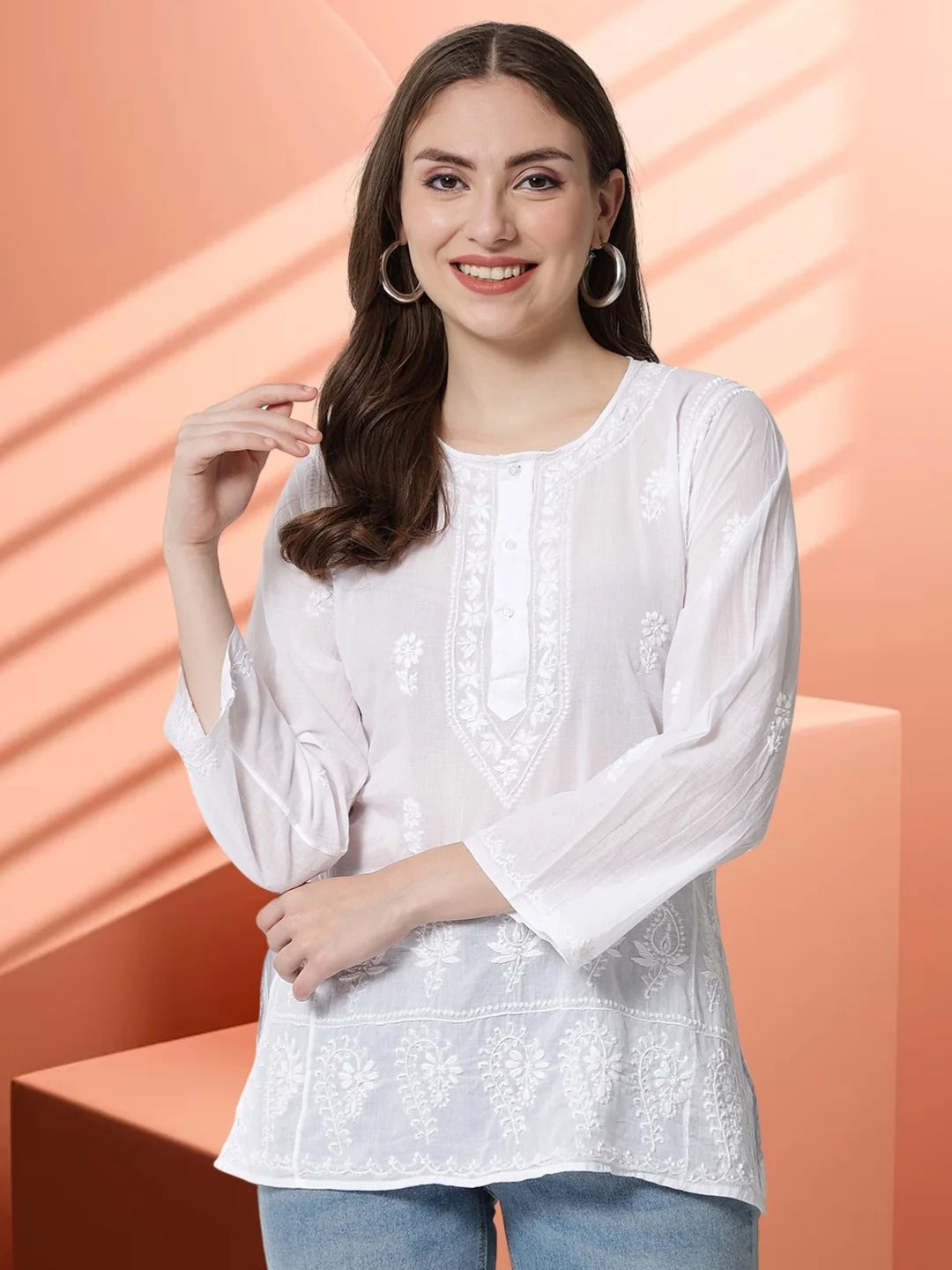 White Hand Embroidered Chikankari Cotton Chikankari Sustainable Kurti-AL1769