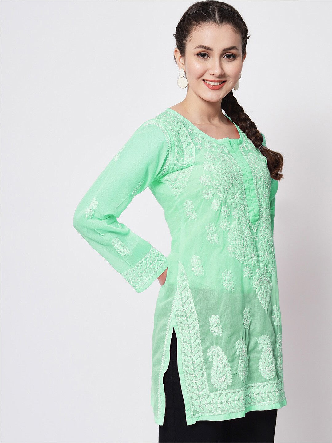 Hand Embroidered Chikankari Cotton Straight Short Kurti-AL3595 Green